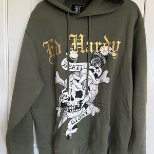 Ed Hardy X-Large Hoodie Death or Glory Skull Tattoo Graphic - Olive Green - NWT